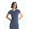 XSIDE Lacivert Bisiklet Yaka Çizgili Kısa Kollu Kadın Elbise
