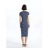 XSIDE Lacivert Bisiklet Yaka Çizgili Kısa Kollu Kadın Elbise
