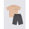 LCW Kids Bej Bisiklet Yaka Kısa Kollu Baskılı Erkek Bebek Tişört ve Şort 2li Takım