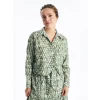 LCW Modest Yeşil Gömlek Yaka Desenli Uzun Kollu Crop Kadın Bluz