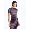 LCWAIKIKI Classic Lacivert Bisiklet Yaka Çizgili Kadın Elbise
