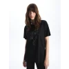 LCWAIKIKI Basic Siyah Bisiklet Yaka Taşlı Kısa Kollu Kadın Tişört
