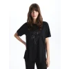 LCWAIKIKI Basic Siyah Bisiklet Yaka Taşlı Kısa Kollu Kadın Tişört