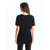 LCWAIKIKI Basic Siyah Bisiklet Yaka Taşlı Kısa Kollu Kadın Tişört