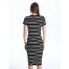 XSIDE Siyah Bisiklet Yaka Çizgili Kısa Kollu Kadın Bodycon Elbise