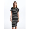 LCW Vision Siyah Bisiklet Yaka Çizgili Kısa Kollu Kadın Elbise