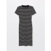 LCW Vision Siyah Bisiklet Yaka Çizgili Kısa Kollu Kadın Elbise