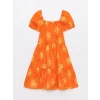 LCW Kids Turuncu Kare Yaka Kısa Kollu Kız Çocuk Elbise