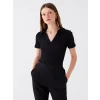 LCWAIKIKI Basic Siyah Polo Yaka Düz Kısa Kollu Kadın Tişört