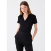 LCWAIKIKI Basic Siyah Polo Yaka Düz Kısa Kollu Kadın Tişört