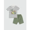 LCW Kids Ekru Bisiklet Yaka Çizgili Erkek Bebek Tişört ve Şort 2li Takım