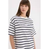 Defacto E5058 Lacivert Oversize Geniş Kalıp Bisiklet Yaka Çizgili Penye Kısa Kollu Tişört