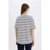 Defacto E5058 Lacivert Oversize Geniş Kalıp Bisiklet Yaka Çizgili Penye Kısa Kollu Tişört