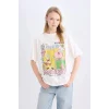 Defacto D9105 Beyaz Coool SpongeBob Oversize Geniş Kalıp Bisiklet Yaka Baskılı Kısa Kollu Tişört