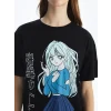 XSIDE Siyah Bisiklet Yaka Anime Baskılı Kadın Tişört