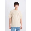 Defacto E0906 Bej %100 Pamuk Boxy Fit Bisiklet Yaka Sırt Baskılı Kısa Kollu Tişört