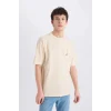 Defacto E0906 Bej %100 Pamuk Boxy Fit Bisiklet Yaka Sırt Baskılı Kısa Kollu Tişört