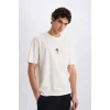 Defacto E0909 Ekru %100 Pamuk Boxy Fit Bisiklet Yaka Sırt Baskılı Kısa Kollu Tişört