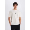 Defacto E0909 Ekru %100 Pamuk Boxy Fit Bisiklet Yaka Sırt Baskılı Kısa Kollu Tişört