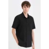 Defacto E1223 Siyah Regular Fit Polo Yaka Krinkıl Yazlık Kısa Kollu Siyah Gömlek