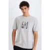 Defacto E0582 Gri %100 Pamuk Boxy Fit Bisiklet Yaka Sırt Baskılı Kısa Kollu Tişört