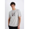 Defacto E0582 Gri %100 Pamuk Boxy Fit Bisiklet Yaka Sırt Baskılı Kısa Kollu Tişört