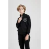 Defacto B6634 Siyah Erkek Çocuk Dik Yaka Baskılı Fermuarlı Sweatshirt