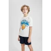 Defacto B6821 Ekru Erkek Çocuk NBA New York Knicks Oversize Geniş Kalıp Bisiklet Yaka Kısa Kollu Tişört