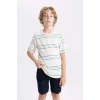 Defacto B6157 Beyaz Erkek Çocuk Bisiklet Yaka Çizgili Kısa Kollu Tişört