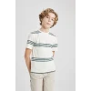 Defacto B5932 Ekru Erkek Çocuk Bisiklet Yaka Çizgili Kısa Kollu Tişört