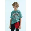 Defacto C0514 Yeşil Erkek Çocuk Snoopy Bisiklet Yaka Kısa Kollu Tişört