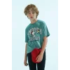 Defacto C0514 Yeşil Erkek Çocuk Snoopy Bisiklet Yaka Kısa Kollu Tişört