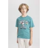 Defacto C0514 Yeşil Erkek Çocuk Snoopy Bisiklet Yaka Kısa Kollu Tişört