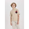 Defacto B8892 Bej Erkek Çocuk Oversize Geniş Kalıp Bisiklet Yaka Baskılı Kısa Kollu Tişört