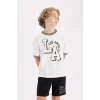 Defacto C3900 Ekru Erkek Çocuk Oversize Geniş Kalıp Bisiklet Yaka Baskılı Kısa Kollu Tişört