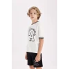Defacto C3900 Ekru Erkek Çocuk Oversize Geniş Kalıp Bisiklet Yaka Baskılı Kısa Kollu Tişört