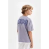 Defacto C6282 Mavi Erkek Çocuk Oversize Geniş Kalıp Bisiklet Yaka Baskılı Kısa Kollu Tişört