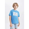 Defacto C4657 Mavi Erkek Çocuk Bisiklet Yaka Baskılı Kısa Kollu Tişört