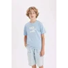 Defacto D2416 Mavi Erkek Çocuk Bisiklet Yaka Baskılı Kısa Kollu Tişört