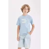 Defacto D2416 Mavi Erkek Çocuk Bisiklet Yaka Baskılı Kısa Kollu Tişört
