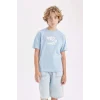 Defacto D2416 Mavi Erkek Çocuk Bisiklet Yaka Baskılı Kısa Kollu Tişört