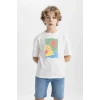 Defacto C4046 Ekru Erkek Çocuk Oversize Geniş Kalıp Bisiklet Yaka Baskılı Kısa Kollu Tişört