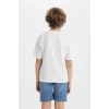 Defacto C4046 Ekru Erkek Çocuk Oversize Geniş Kalıp Bisiklet Yaka Baskılı Kısa Kollu Tişört