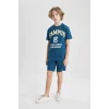 Defacto B9989 Mavi Erkek Çocuk 2li Takım Baskılı Kısa Kollu Tişört Şort
