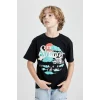 Defacto C3167 Siyah Erkek Çocuk Oversize Geniş Kalıp Bisiklet Yaka Baskılı Kısa Kollu Tişört