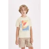 Defacto D2420 Bej Erkek Çocuk Bisiklet Yaka Baskılı Kısa Kollu Tişört
