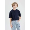 Defacto B8895 Lacivert Erkek Çocuk Oversize Geniş Kalıp Hakim Yaka Kısa Kollu Tişört