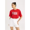 Defacto B9975 Kırmızı DeFactoFit NBA Wordmark Oversize Geniş Kalıp Bisiklet Yaka Kısa Kollu Crop Tişört