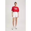 Defacto B9975 Kırmızı DeFactoFit NBA Wordmark Oversize Geniş Kalıp Bisiklet Yaka Kısa Kollu Crop Tişört
