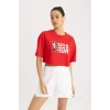 Defacto B9975 Kırmızı DeFactoFit NBA Wordmark Oversize Geniş Kalıp Bisiklet Yaka Kısa Kollu Crop Tişört
